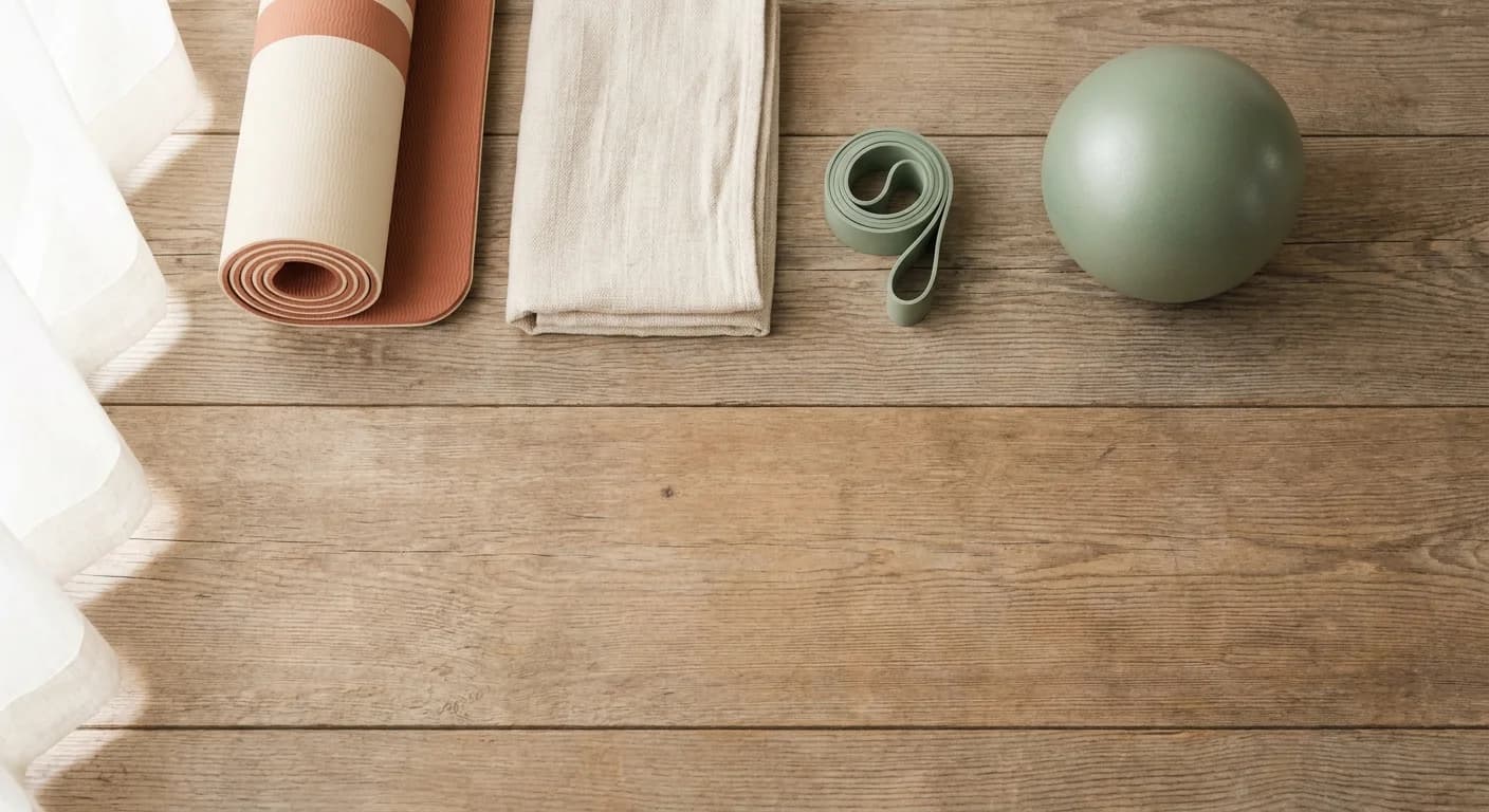 A mat, strap and coffee on a studio floor