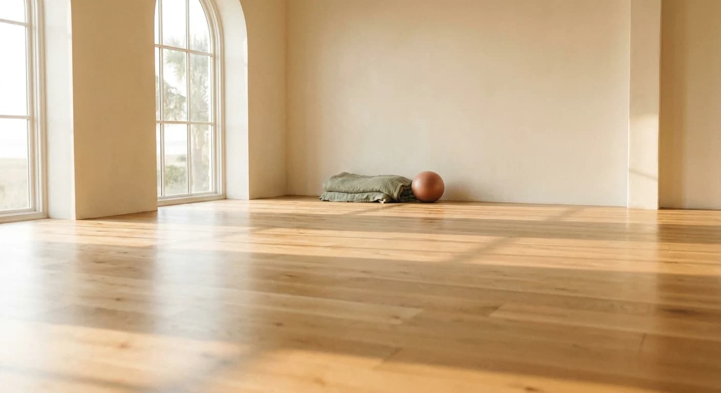 A sunlit empty studio with an arched window