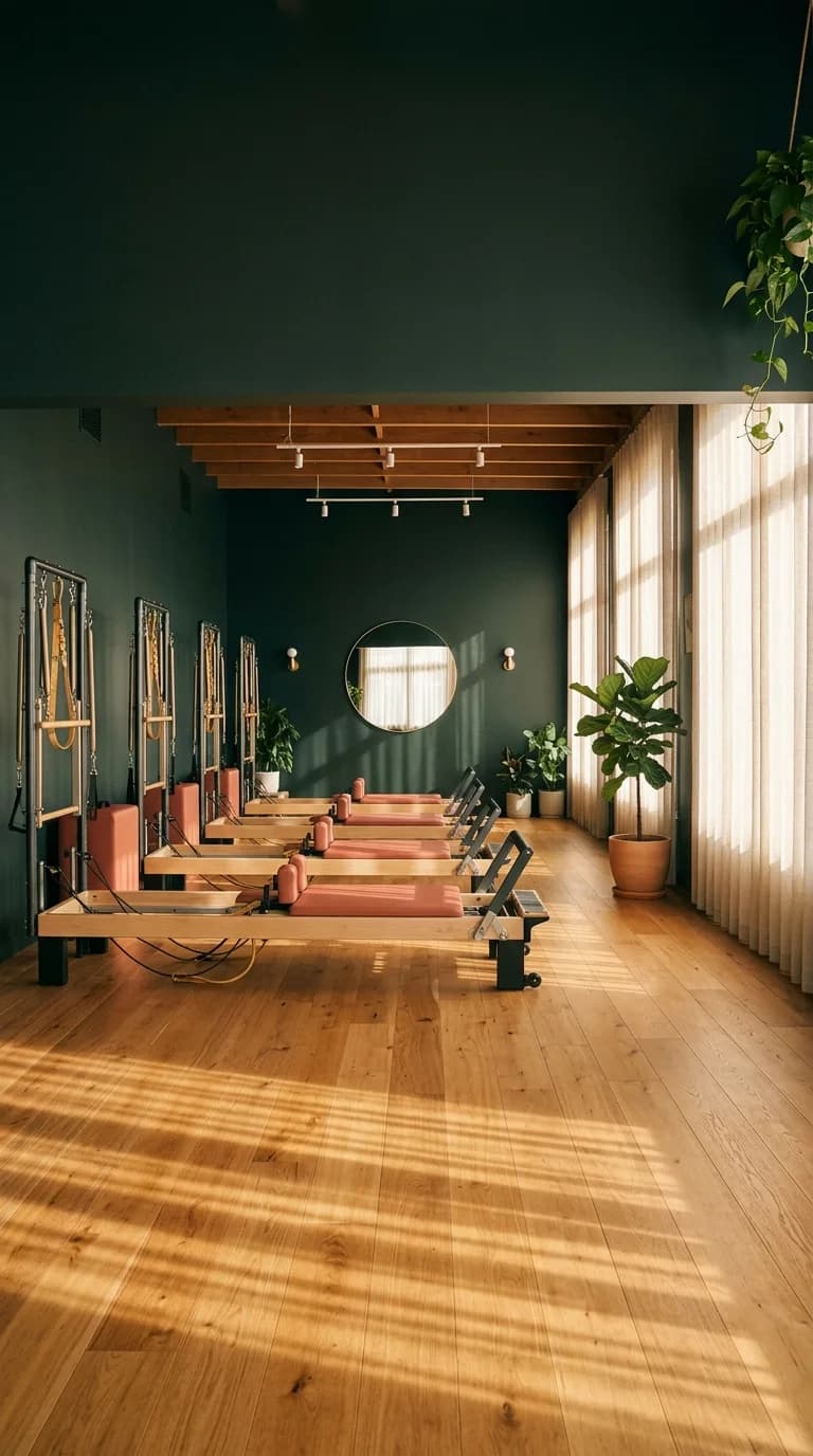 A row of Pilates reformers in a quiet studio at dusk