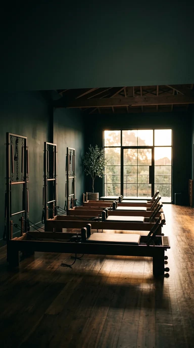 Reformers and tower units in a dim, moody studio