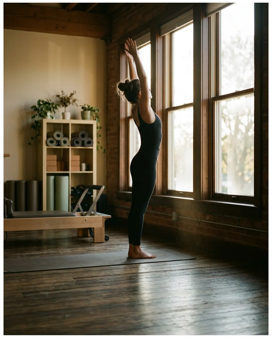 Silhouette of a stretch beside a tall studio window