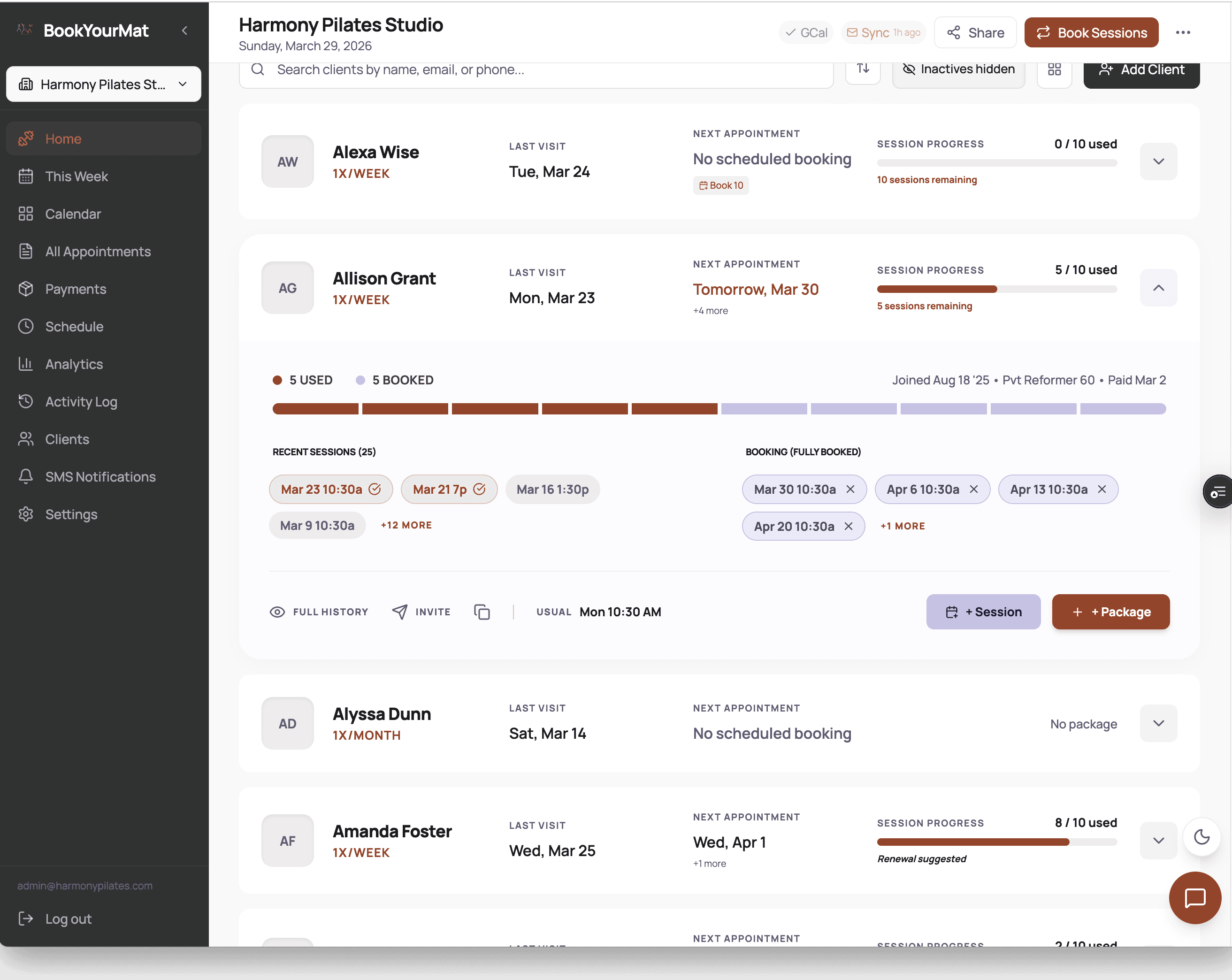 BookYourMat client list with session progress bars showing how many sessions each client has left on their pack