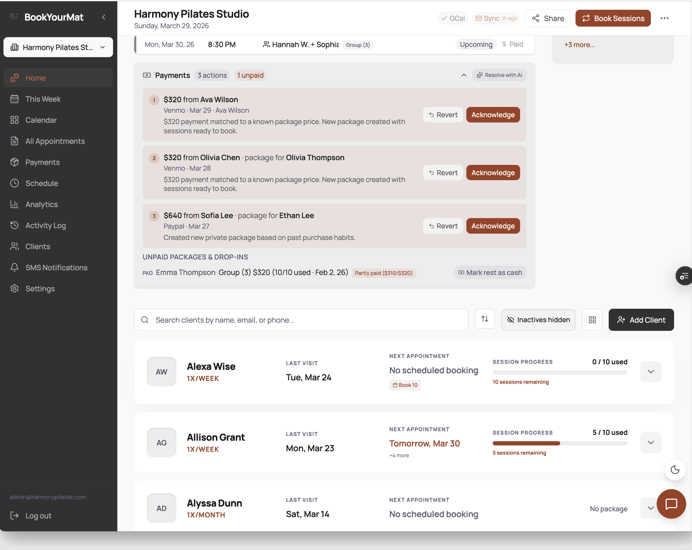 Payment matching panel auto-matching a Venmo payment to a client, with Acknowledge and Revert actions