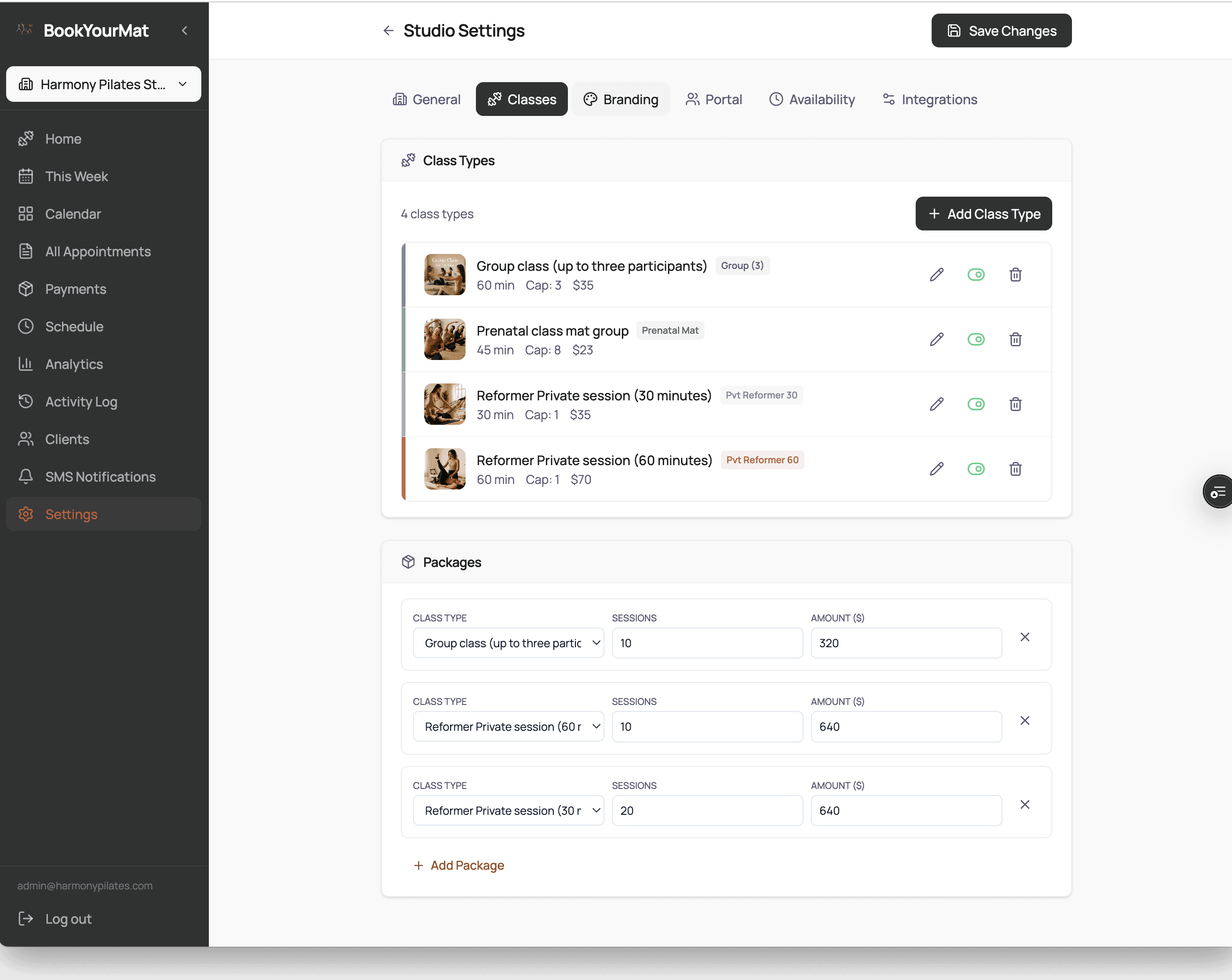 BookYourMat settings page showing class types and packages configuration