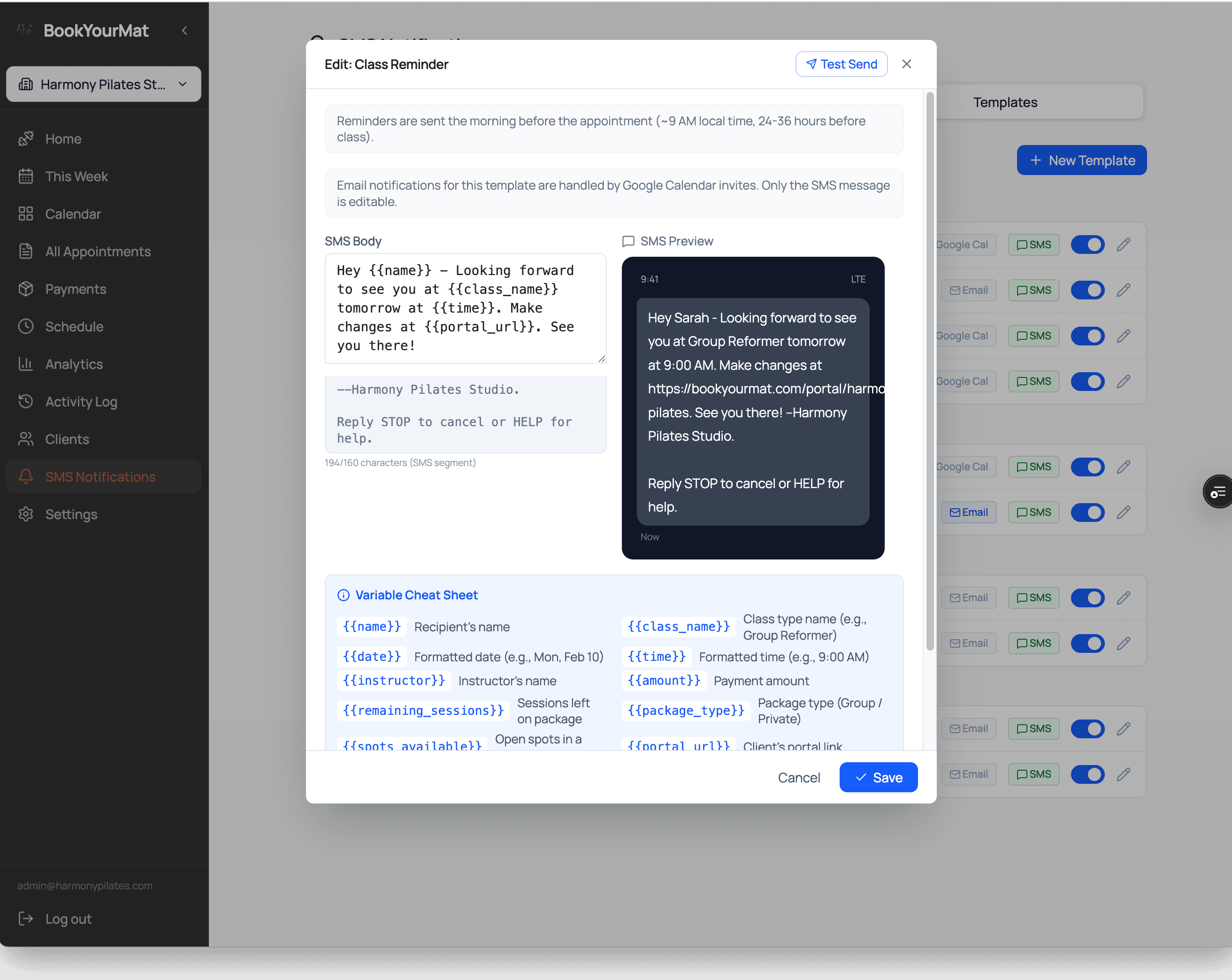 BookYourMat SMS reminder template editor with a live phone preview of the message a client receives