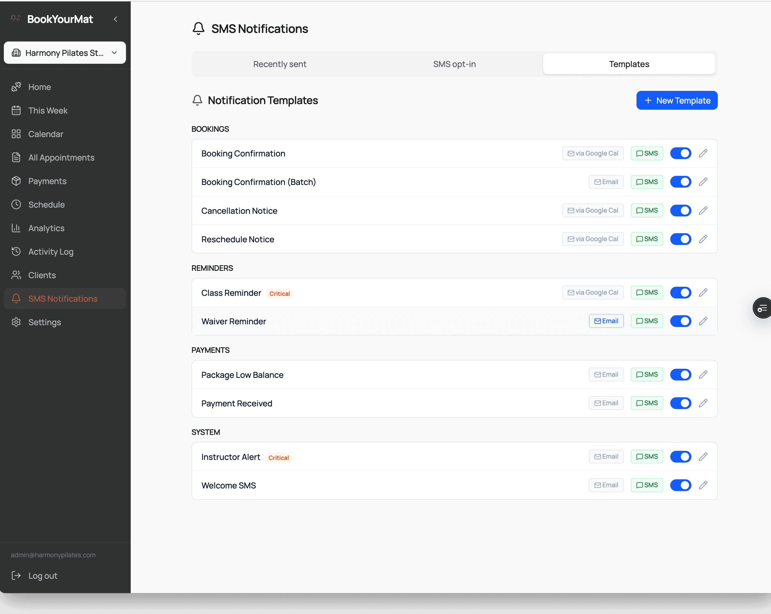 Notification templates organized by category: bookings, reminders, payments, system