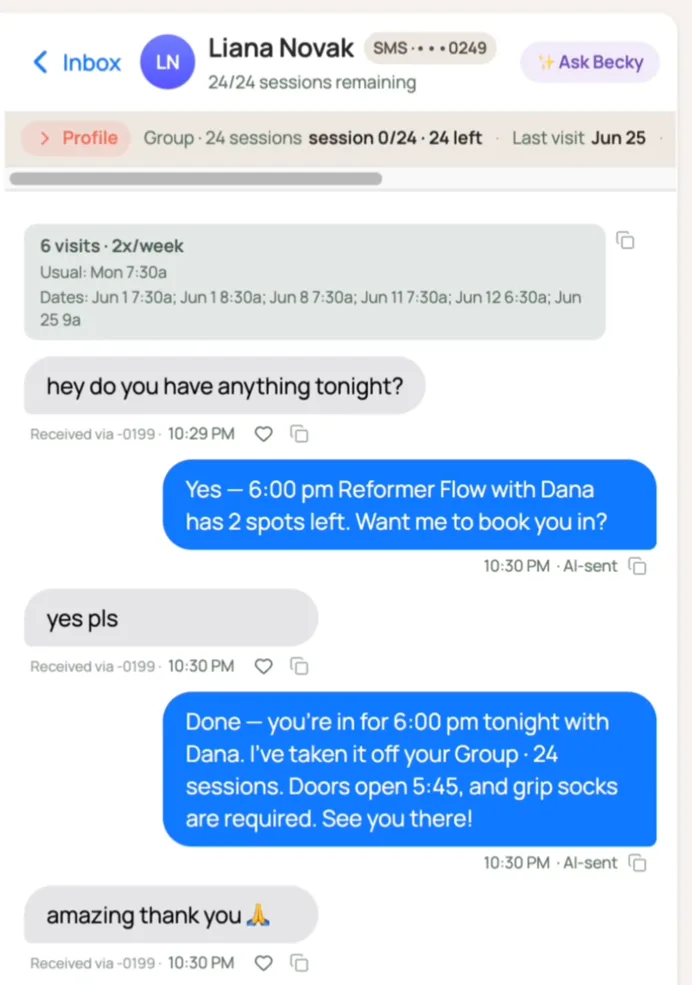 A real SMS thread showing Becky answering a client and booking her into a class
