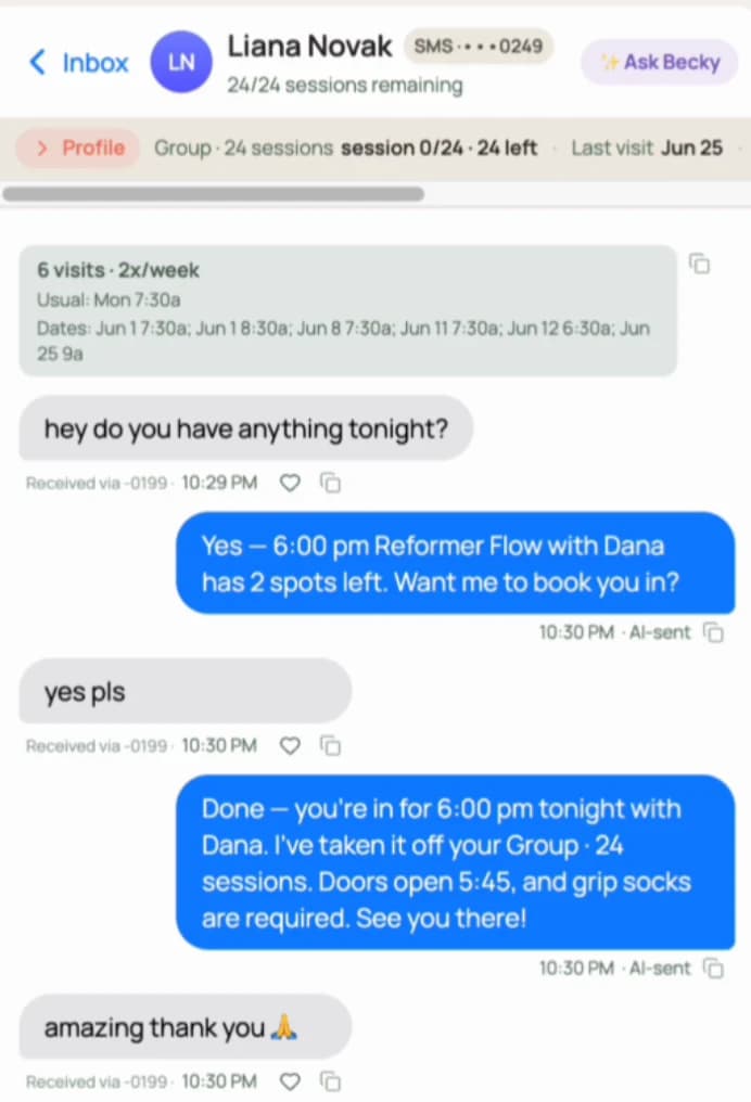 A thread in the BookYourMat inbox: a client texts "anything tonight?", Becky offers the 6:00 pm Reformer Flow with Dana, books her in, and takes the session off her pack.